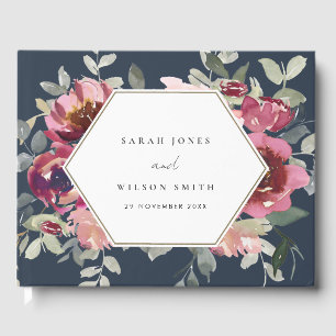 LIVRE D'OR MARIÉE FLEURIE À L'AQUARELLE BOURGOGNE ROSE NAVY
