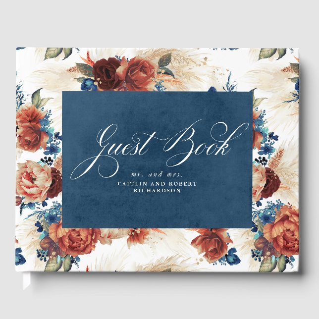 Livre D'or Marine Blue Terracotta Boho Floral Mariage (Recto)