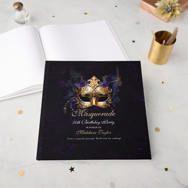 Livre D'or Masquerade Mask Gold Purple Dramatic 50th Birthday (Recto ouvert)