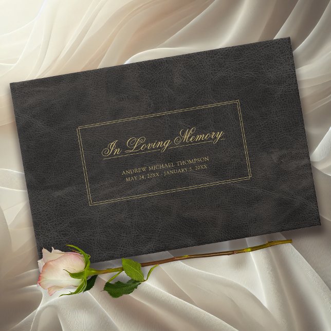 Livre D'or Memorial Black Leather Gold Script Funérailles (In Loving Memory Faux Black Leather and Gold Funeral Guestbook.)
