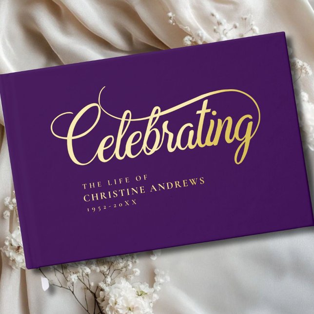 Livre D'or Mémorial "Célébrer la vie de"Gold (Customer specific, memorial, elegant, simpel "Celebrating the life of"gold-foil handwriting font.)
