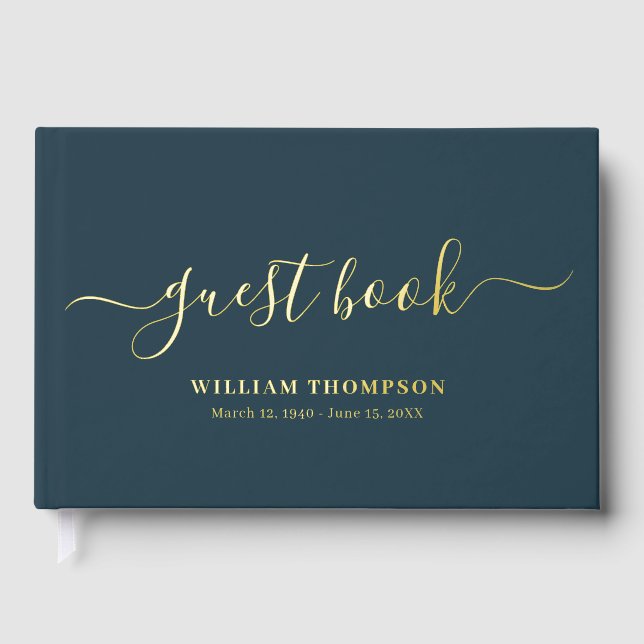 Livre D'or Memorial Funeral Elegant Script Navy Gold (Recto)