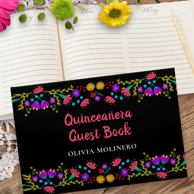 Livre D'or Mis Quince Anos Black Mexican Floral Quinceanera (Quinceanera Guest Book from my Mexican Fiesta Floral collection)