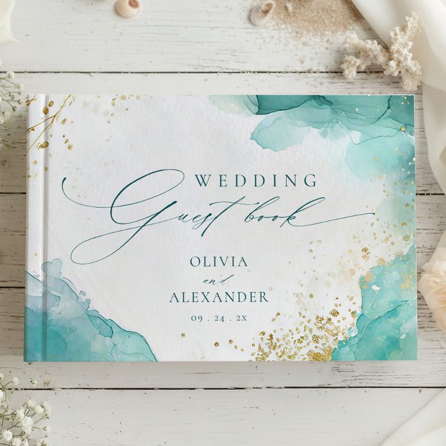 Livre D'or Modern Teal Gold Abstract Beach Wedding (Créateur téléchargé)