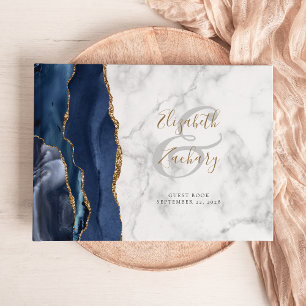 Livre D'or Moderne Bleu Nuit Or Agate Marbre Script