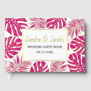 Livre D'or Moderne magenta rose, or tropical feuille mariage