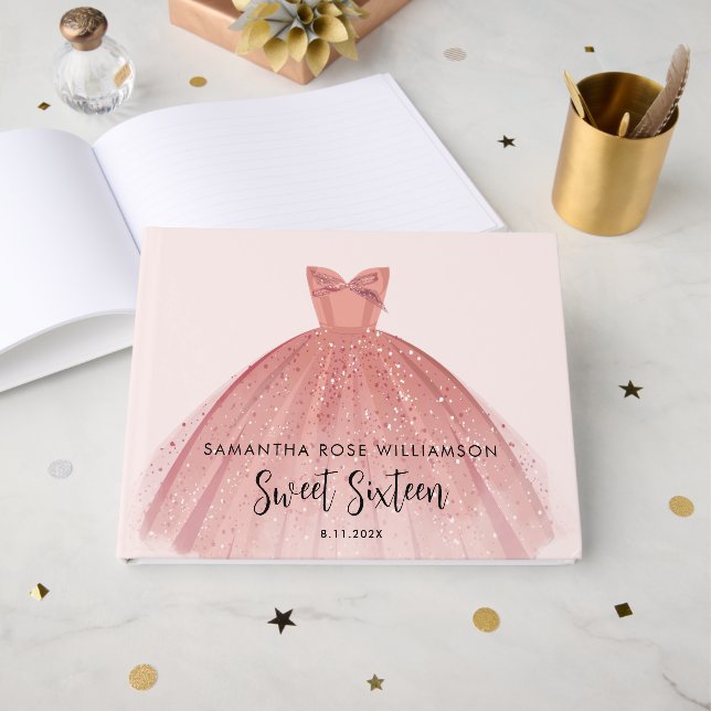 Livre D'or Moderne Sweet 16 Script Robe Anniversaire Personna (Recto ouvert)