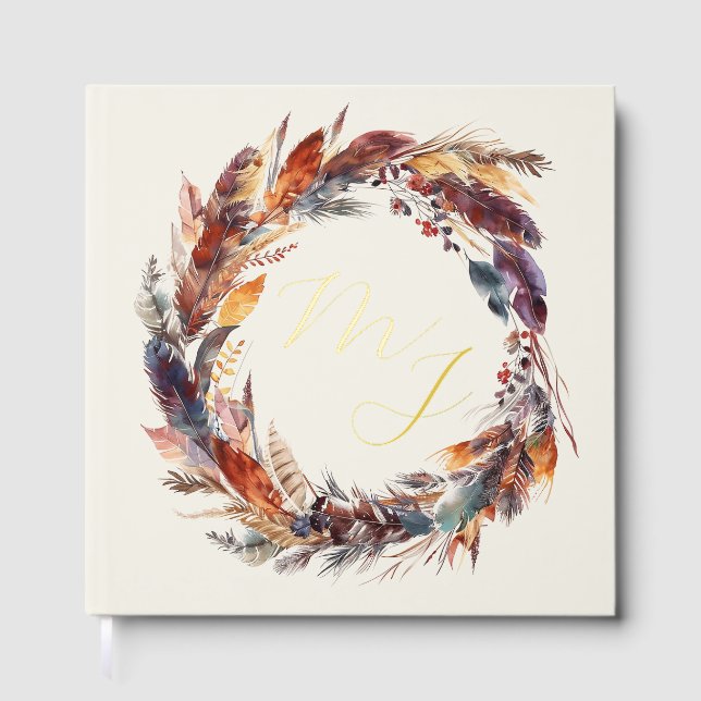 Livre D'or Monogram Boho Feathers Wreath Mariage Gold Foil (Recto)