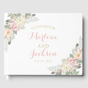 Livre D'or Monogramme de mariage blanc Bohème floral plume