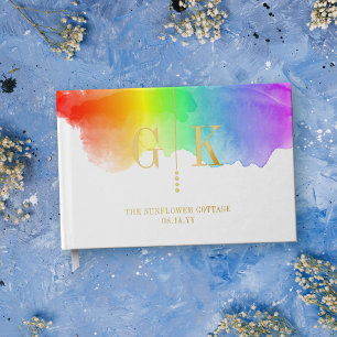 Livre D'or Monogramme d'or Aquarelle arc-en-ciel Mariage LGBT
