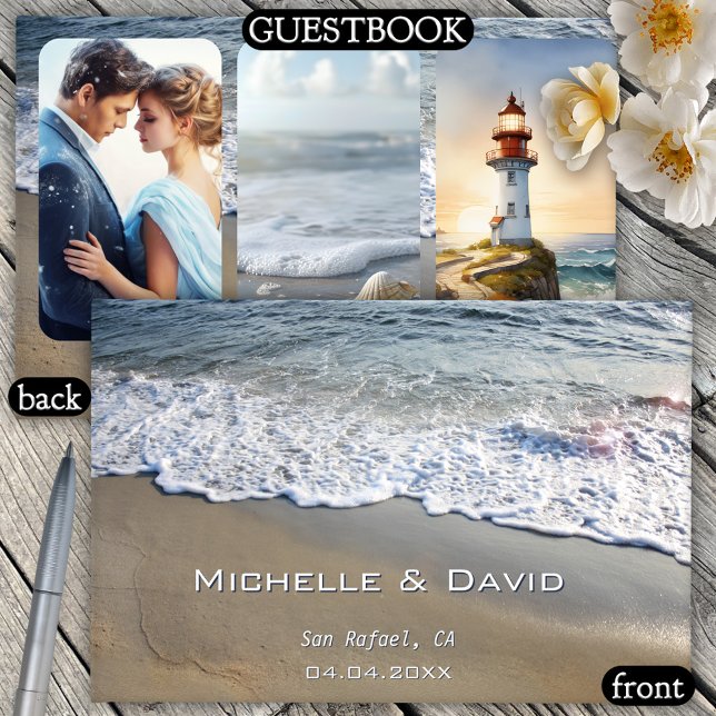 Livre D'or Nautical Beach Wedding Photo Guest Book (A pretty wedding guest book featuring waves crashing on the beach with custom photos on the back)