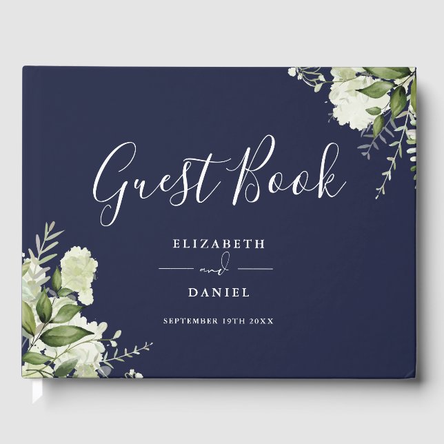 Livre D'or Navy Blue Greenery Floral Photo Wedding (Recto)