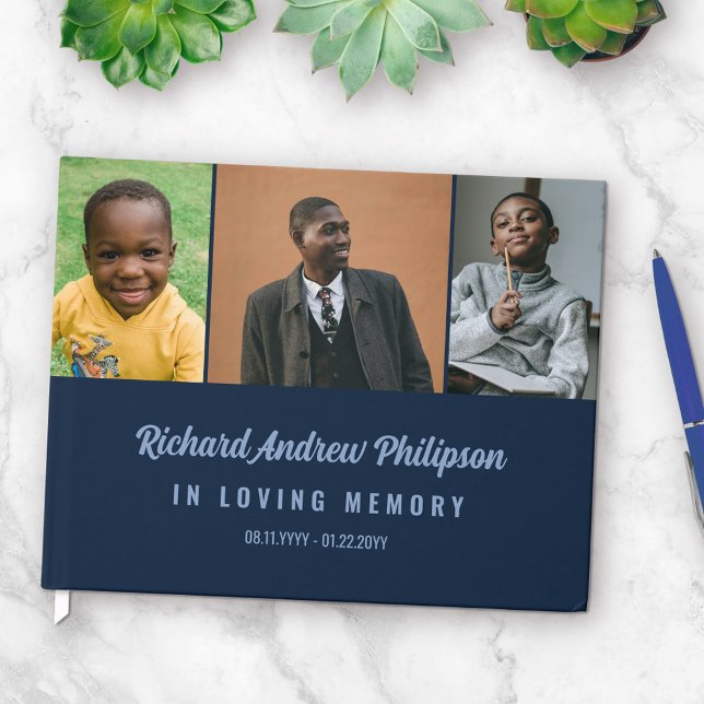 Livre D'or Navy Blue Modern Script 3 Photos En Mémoire Amoure (Créateur téléchargé)