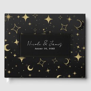 Livre D'or Noir & Or Moderne Céleste Lune Étoiles Mariage