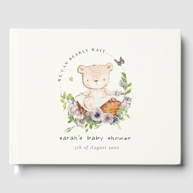 Livre D'or Ours Teddy Mignonne Dans Panier Fleur Baby shower  (Recto)