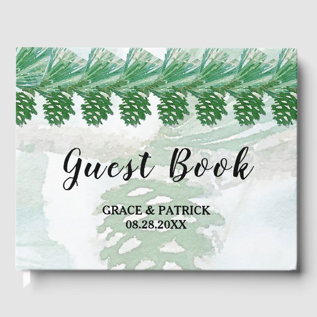 Livre D'or Pale vert hiver Pine cône Aquarelle nuptiale (Recto)