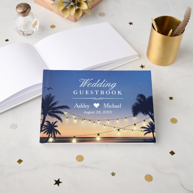 Livre D'or Palm Beach String Lumières Destination Mariage (Recto ouvert)