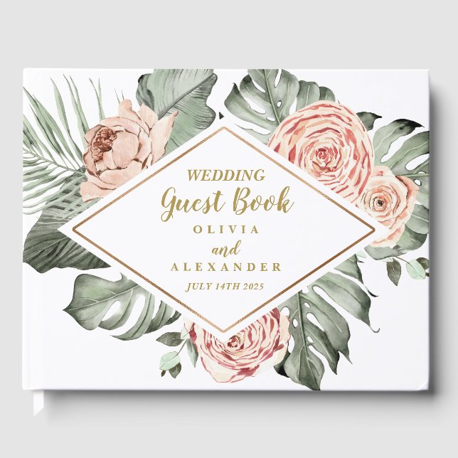 Livre D'or Palme tropicale et Monogramme Mariage Rose (Recto)