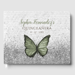 Livre D'or Papillon argenté vintage Sage d'olive Quinceañera