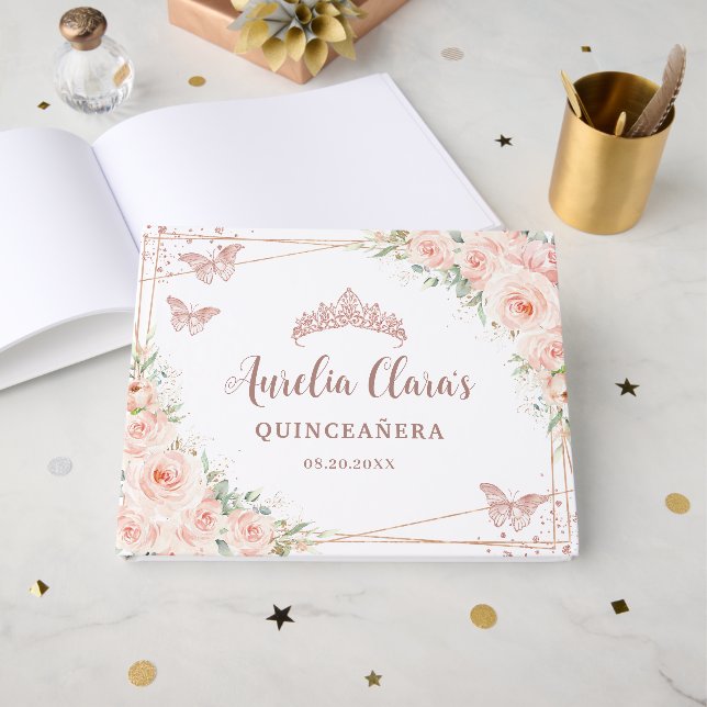 Livre D'or Papillon or Rose rose pâle Quinceanera (Recto ouvert)