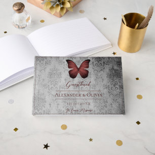 Livre D'or Papillon rouge Vintage Mariage damassé