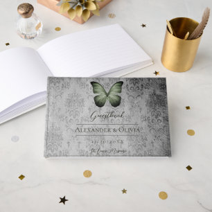 Livre D'or Papillon Vintage vert Mariage damassé