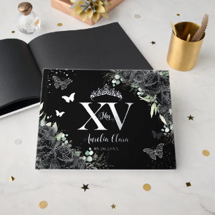 Livre D'or Papillons aux fleurs Rose noirs Silver Quinceañera
