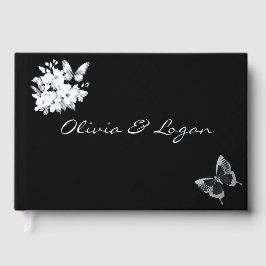 Livre D'or Papillons & Fleurs Mariage noir à huile d'argent