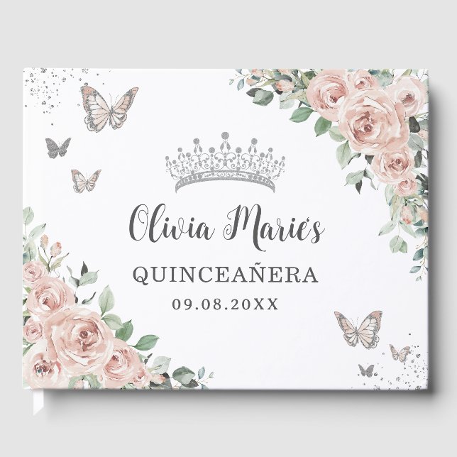 Livre D'or Papillons florale rose pâle Silver Quinceañera (Recto)