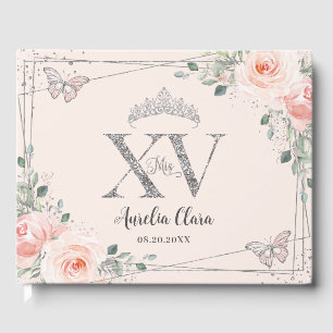 Livre D'or Papillons florale rose pâle Silver Quinceañera