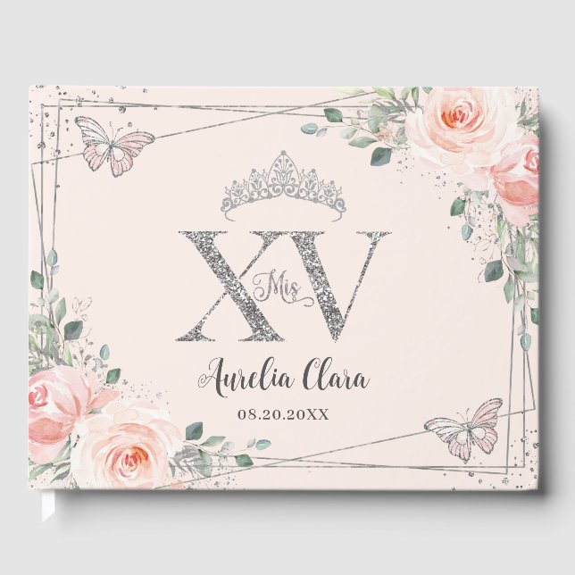 Livre D'or Papillons florale rose pâle Silver Quinceañera (Recto)