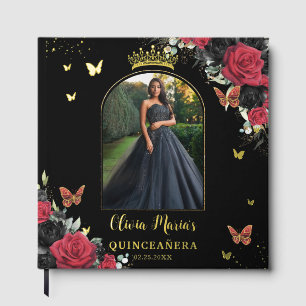 Livre D'or Papillons floraux noirs rouges Quinceañera Photo