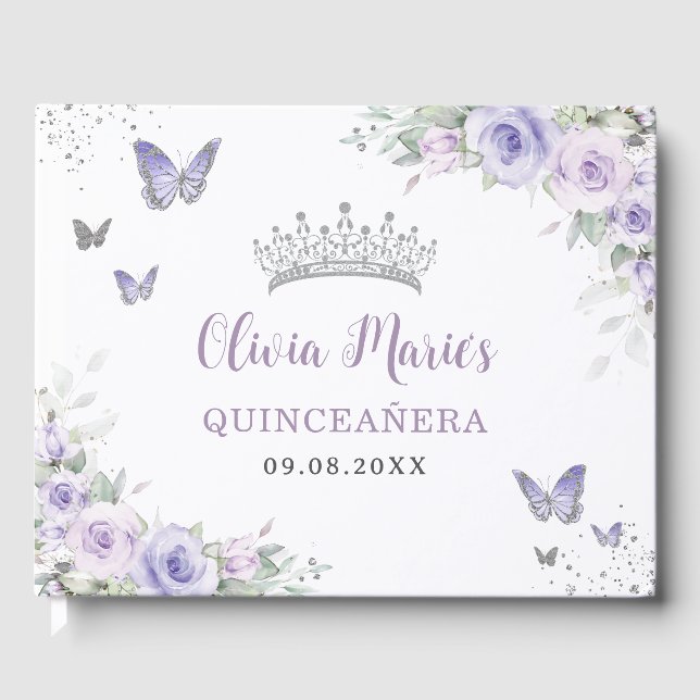 Livre D'or Papillons floraux pourpres de lavande Quinceañera (Recto)