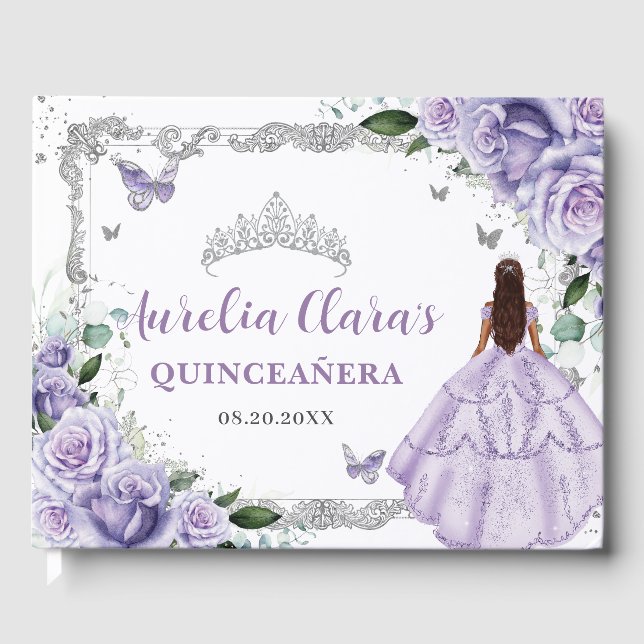 Livre D'or Papillons floraux pourpres Lilac Roses Quinceañera (Recto)