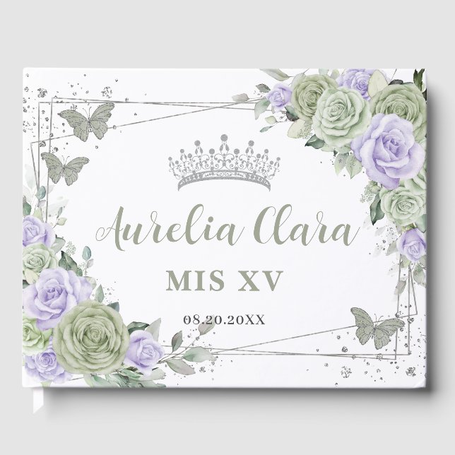 Livre D'or Papillons floraux pourpres Sage Green QUINCEAÑERA (Recto)