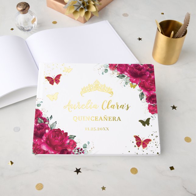 Livre D'or Papillons floraux rose-chaud Fuchsia QUINCEAÑERA (Recto ouvert)