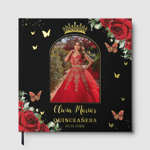 Livre D'or Papillons floraux rouges Quinceañera noir photo