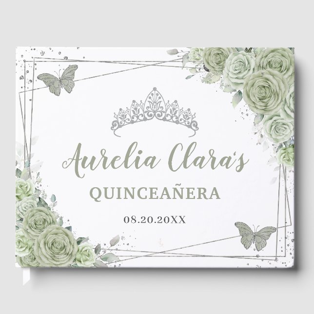 Livre D'or Papillons floraux vert Sage Silver Quinceañera (Recto)