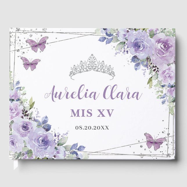 Livre D'or Papillons floraux violets Lilac Silver QUINCEAÑERA (Recto)