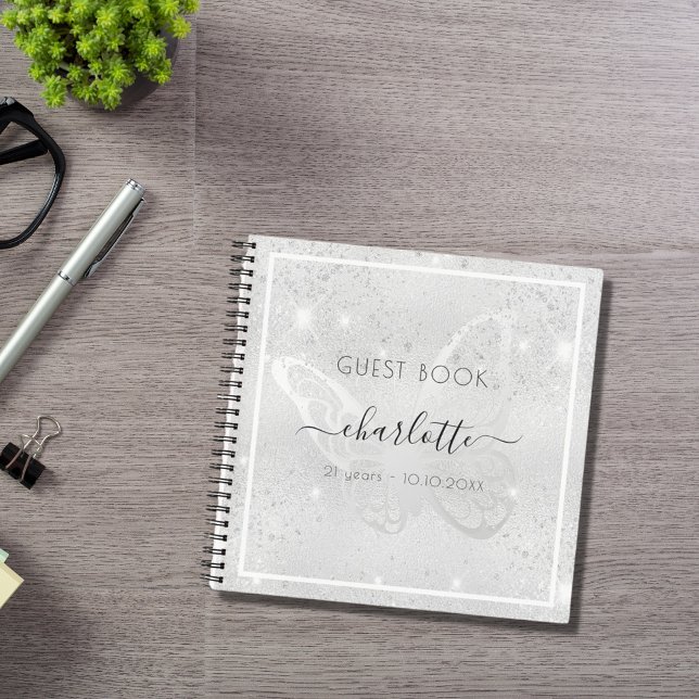 Livre d'or parties scintillant papillon argent (Créateur téléchargé)