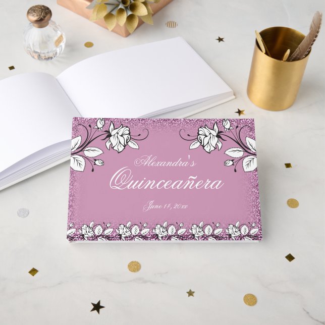 Livre D'or Parties scintillant violet Faux Rose blanche Eléga (Recto ouvert)