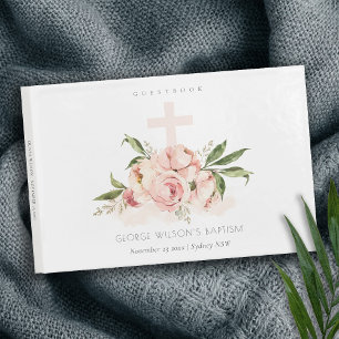 Livre D'or Pastel Doux Peach Rose Floral Cross Bunch Baptême