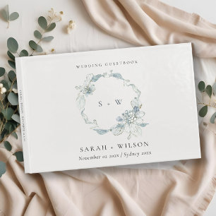 Livre D'or Pastel Dusky Blue Floral Wreath Mariage Monogramme