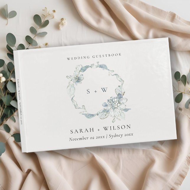 Livre D'or Pastel Dusky Blue Floral Wreath Mariage Monogramme (Créateur téléchargé)