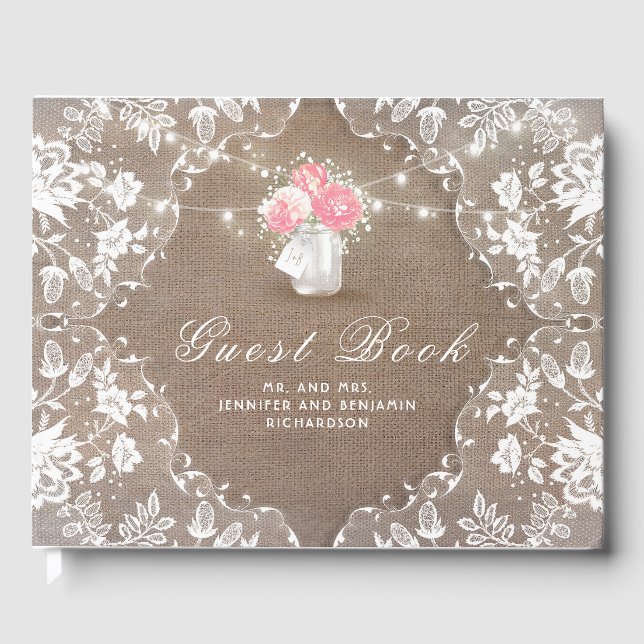 Livre D'or Peony Mason Jar Rustique Burlap Mariage dentelle (Recto)