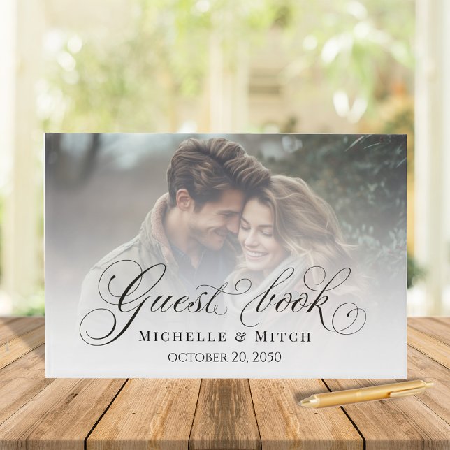 Livre D'or Photo de calligraphie noir et blanc mariage (Wedding Guest book with photo template on the front and back)