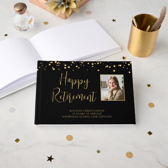 Livre D'or Photo de retraite Script manuscrit Gold Confetti (Recto ouvert)