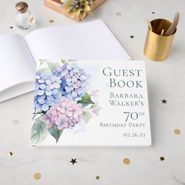 Livre D'or Pink Blue Hydrangeas 70th Birthday  (Recto ouvert)
