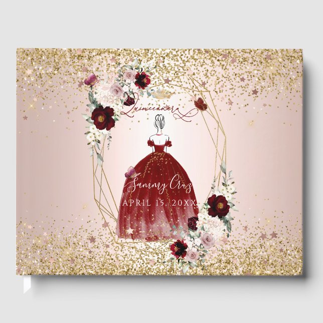 Livre D'or PixDezines Quinceanera H2 Fleurs Robe Bourgogne (Recto)