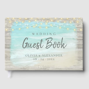 Livre D'or Plage Côtier Rustique Bois Chaîne Lumière Mariage